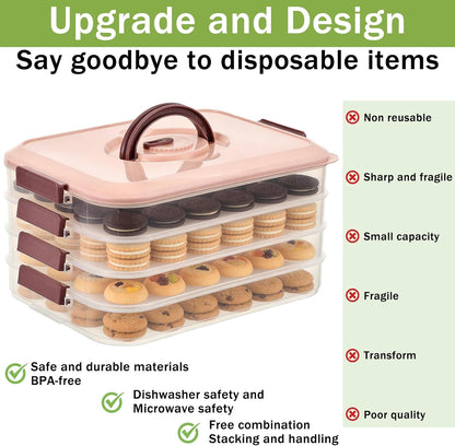 4-Tier Cookie Container with Airtight Lid and Handle Stackable Food Storage Container Dumpling Storage Box Portable Cookie Carrier for Cupcakes Desserts Wonton and Snacks