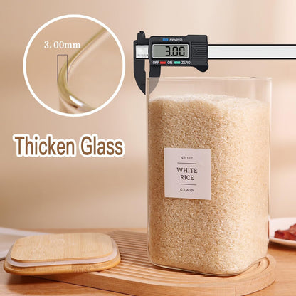 CZZGSM 2 Pack Square Glass Flour and Sugar Containers with 132 Kitchen Pantry Labels - Thicken 149 FL OZ Large Glass Storage Jars with Airtight Bamboo Lid - Big Food Canisters for Rice, Pasta, Cookie