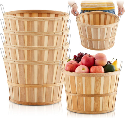 Marsui 6 Pcs Jumbo Half Bushel Baskets, 14 x 9.5 Inch Large Round Wooden Apple Basket with Handles Handcrafted Produce for Farmers Market Harvest Fruit Plants or Commercial Use