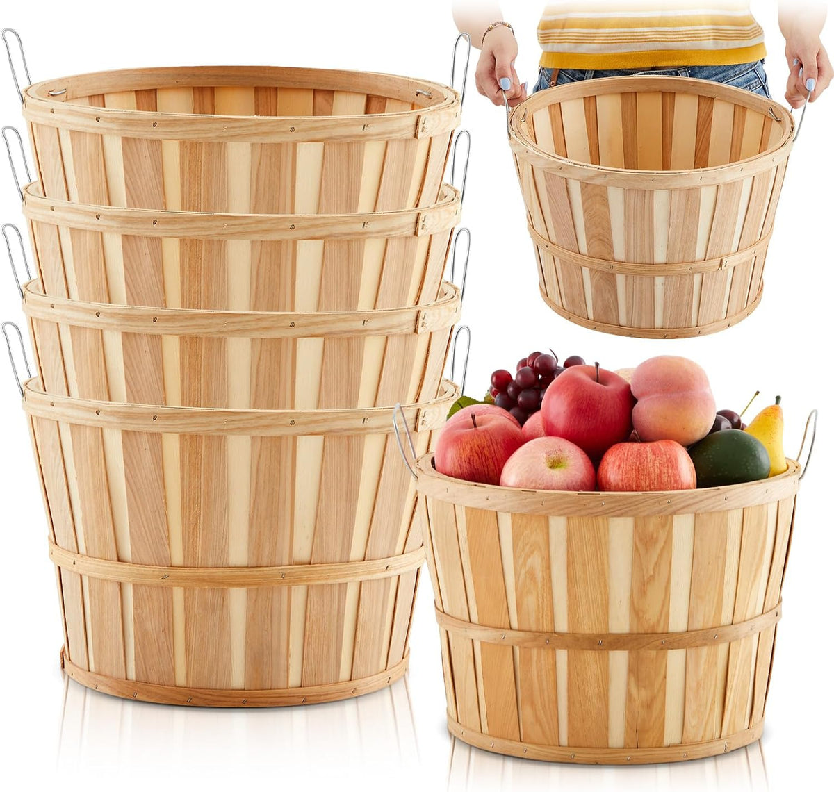 Marsui 6 Pcs Jumbo Half Bushel Baskets, 14 x 9.5 Inch Large Round Wooden Apple Basket with Handles Handcrafted Produce for Farmers Market Harvest Fruit Plants or Commercial Use