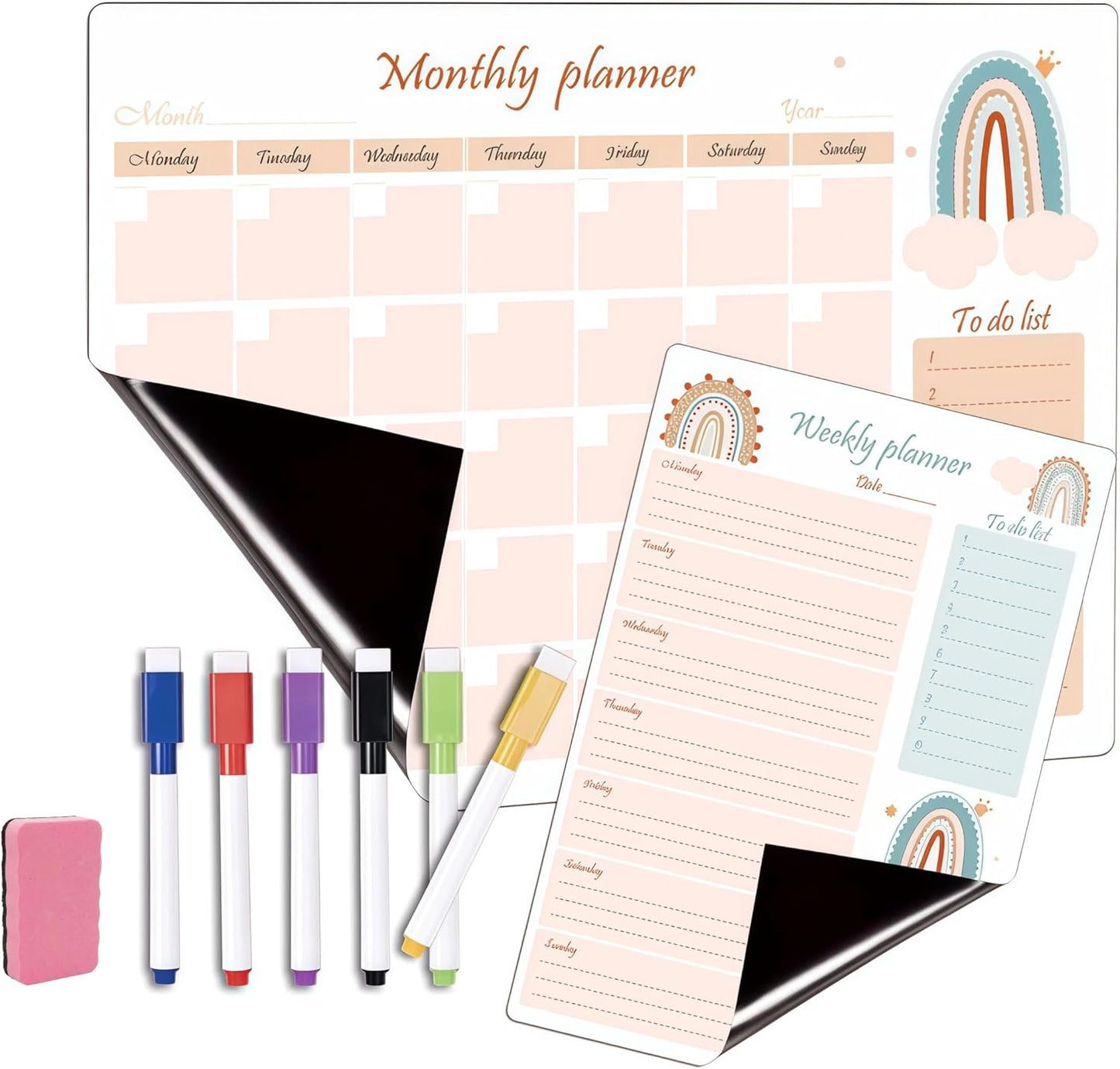 Magnetic Calendar for Refrigerator, 16’’×12’’ Monthly Planner & 8’’×12’’ Weekly Planner, Reusable Dry Erase Whiteboard Calendar Family Study Planing with 6 Markers, Towel & Eraser