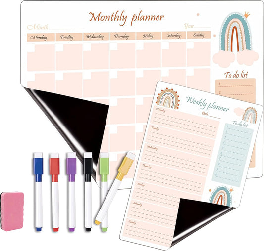 Magnetic Calendar for Refrigerator, 16’’×12’’ Monthly Planner & 8’’×12’’ Weekly Planner, Reusable Dry Erase Whiteboard Calendar Family Study Planing with 6 Markers, Towel & Eraser