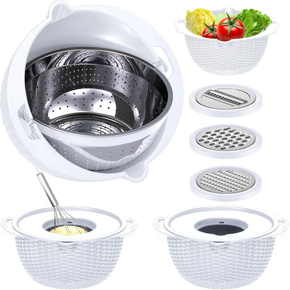 4-1 Colander with Bowl & Spoons Set - Rotatable Colander for kitchen with New Upgraded Graters, Food Strainer(Patented) for Pasta, Fruits, Vegetables, Funny Presents for Women, Beige
