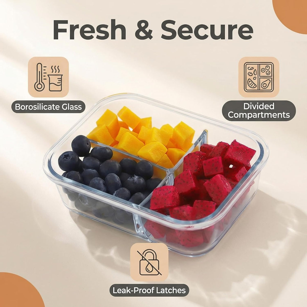 Glass Food Storage Containers with Lids, Compartment Meal Prep Containers, Airtight Leak Proof, Oven and Freezer Safe, Rectangular
