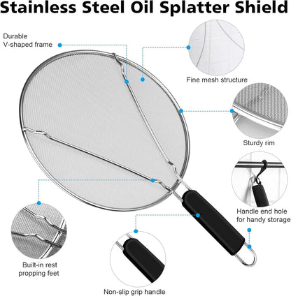 Splatter Screen for Frying Pan & Food Strainer,13 Inch Stainless Steel Grease Splatter Guard,Shield from Splashing Oil, Dishwasher Safe(Red)