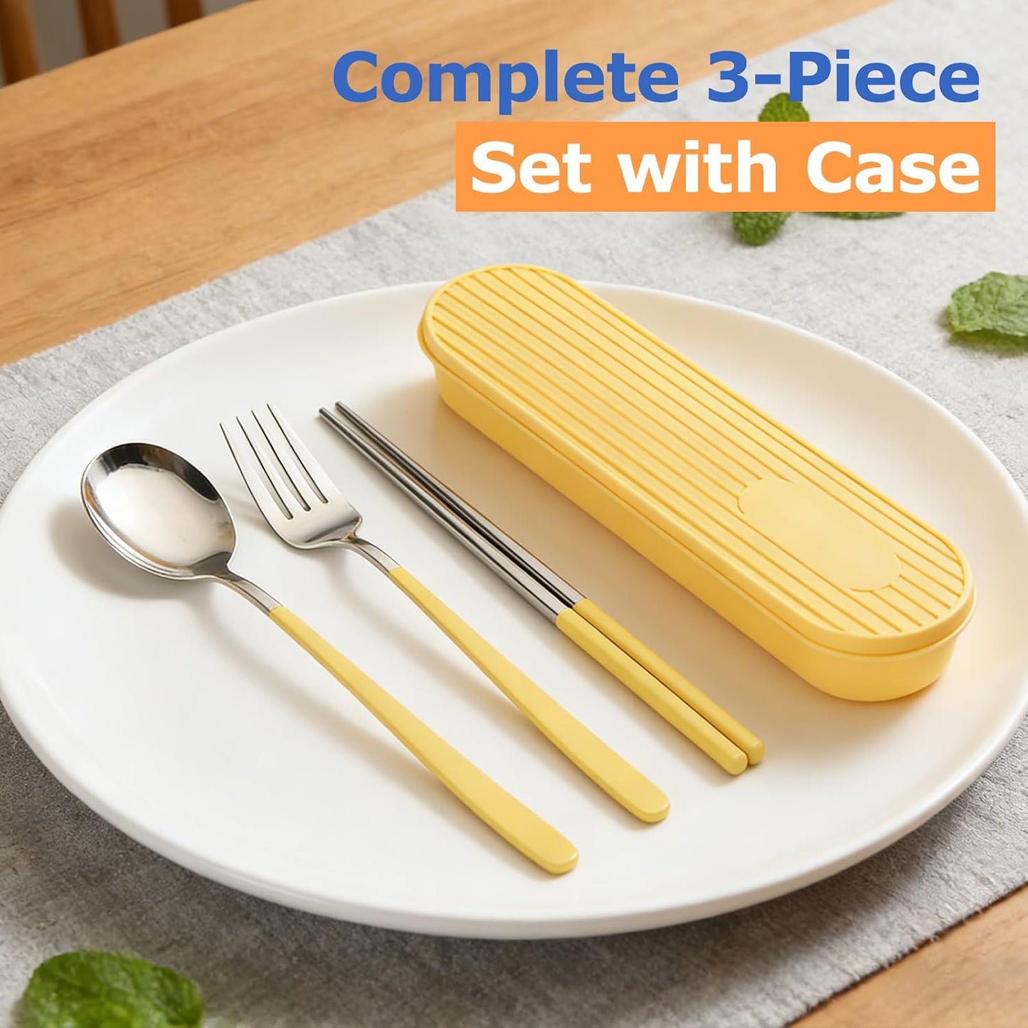 3-Piece Reusable Cutlery Set with Case - Stainless Steel, Heart-Shaped, Includes Chopsticks, Knife, Fork, Spoon, Travel & Camping (ORANGE)