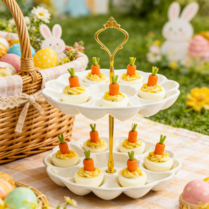 Potchen Multi Tier Ceramic Deviled Egg Platter Deviled Egg Tray Container, Detachable Eggs Holder Tower Wedding Party Food Container for Kitchen Countertop Microwave Dishwasher Freezer(Flower,3 Tier)
