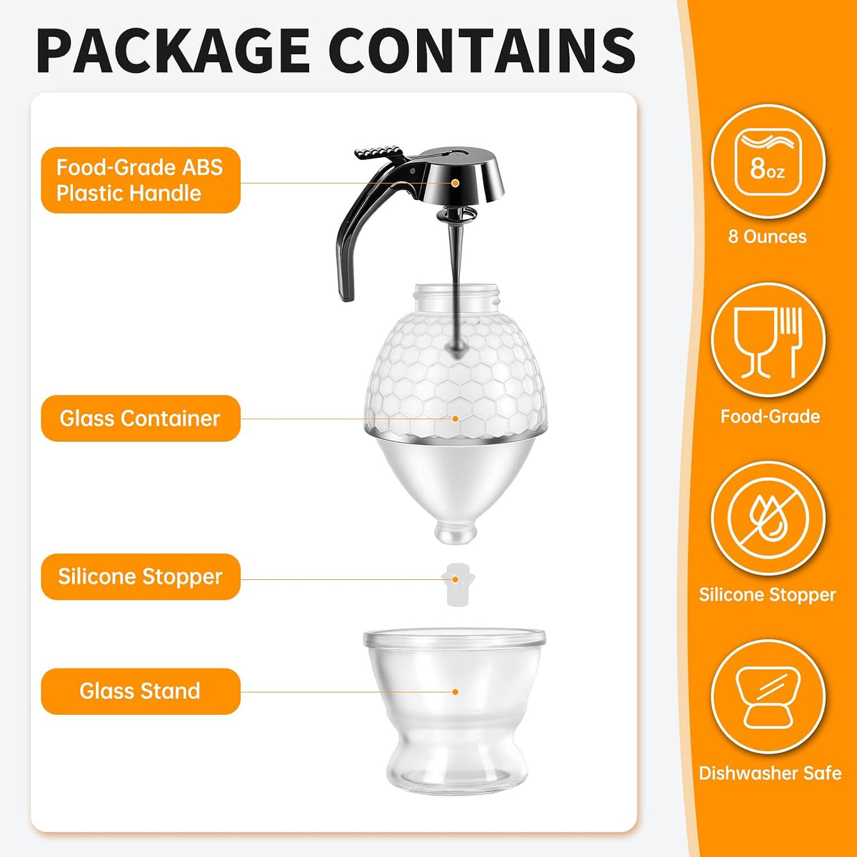 Honey Dispenser, No Drip Glass with Stand, Maple Syrup Honey Container, Elegant Honeycomb Design for Home Decor for Any Occasion