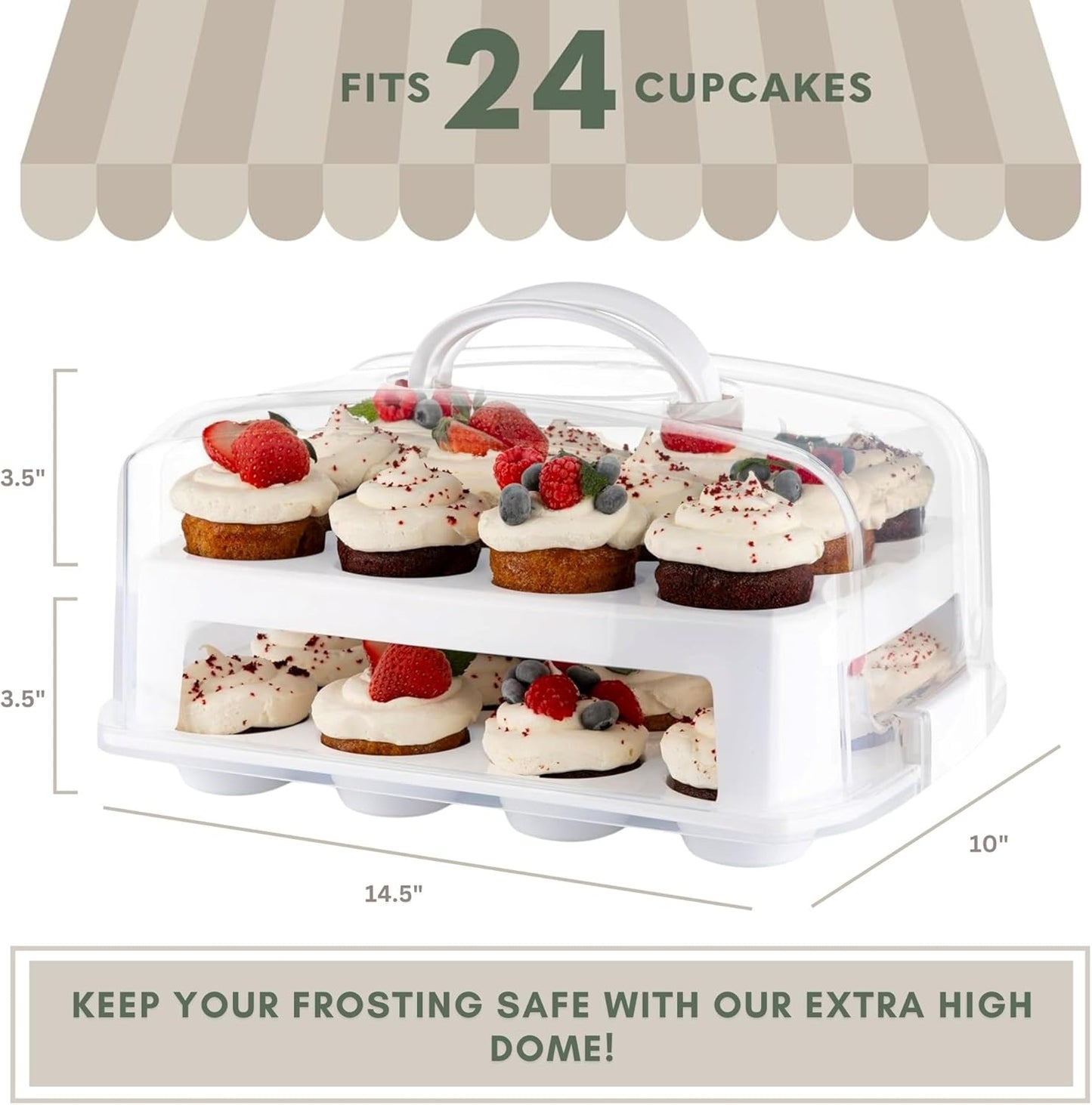 EXTRA TALL DOME 24 Cupcake Carrier, Green Cupcake Holder Carries 24 Cupcake Storage Container, Muffin Traveler Two Tier Stand Reusable Cupcake Box