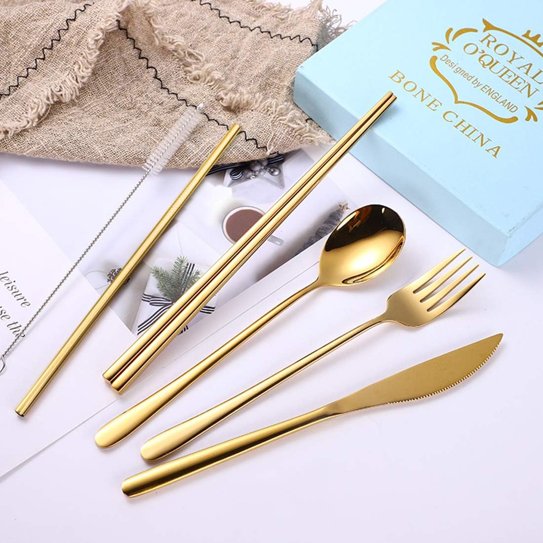 AARAINBOW 6 Pieces 18/8 Stainless Steel Flatware Set Portable Reusable Cutlery Set Travel Utensils Set Including Chopsticks Knife Fork Spoon Straws Cleaning Brush Dishwasher Safe (Green golden)