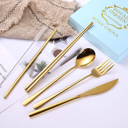 AARAINBOW 6 Pieces 18/8 Stainless Steel Flatware Set Portable Reusable Cutlery Set Travel Utensils Set Including Chopsticks Knife Fork Spoon Straws Cleaning Brush Dishwasher Safe (Green golden)