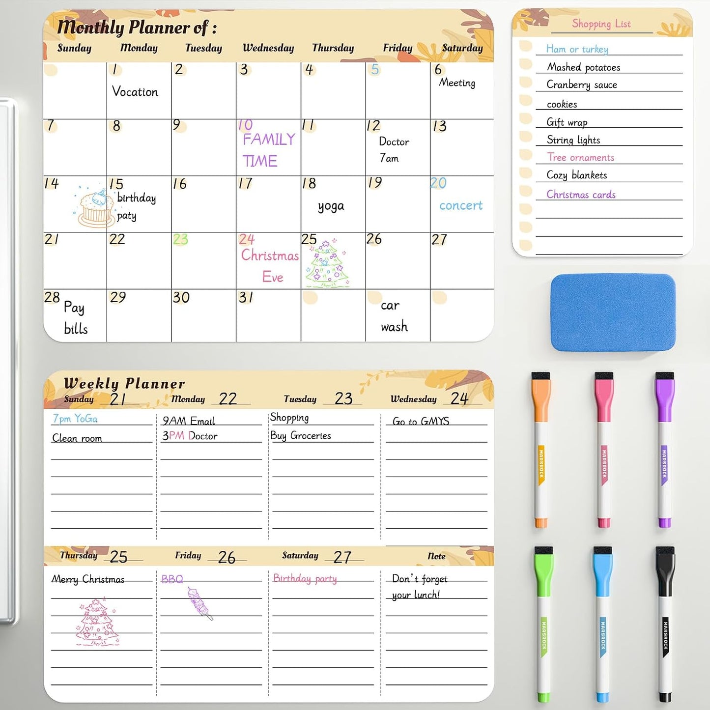 MARSROCK Refrigerator Calendar Magnetic, 16.3x11.7” (4-Pack) – Weekly & Monthly Planner, Chore Chart, Grocery/to-Do List for Fridge, Includes 8 Markers, 6 Magnets & 1 Eraser for Kitchen, Yellow