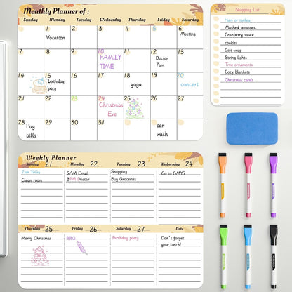 MARSROCK Refrigerator Calendar Magnetic, 16.3x11.7” (4-Pack) – Weekly & Monthly Planner, Chore Chart, Grocery/to-Do List for Fridge, Includes 8 Markers, 6 Magnets & 1 Eraser for Kitchen, Yellow