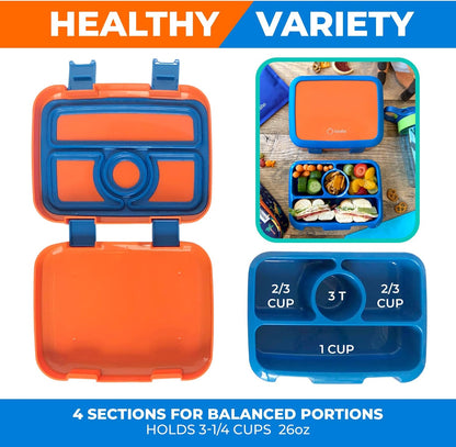Kids Lunch Box - Bento Box for Boys Toddler Daycare, 4 Portion Sections with Lid, Snack Container Pre-School Kid Lunches Toddlers Removable Tray BPA Free, 3+ Years Old, Blue Rocket Dinosaur
