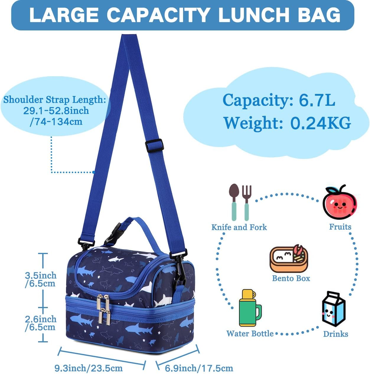 VASCHY Lunch Box Bag Men, Insulated Two Compartments Bento Cooler Bags for Adults/Women/Kids for School,Daycare,Kindergarten,Picnic Black