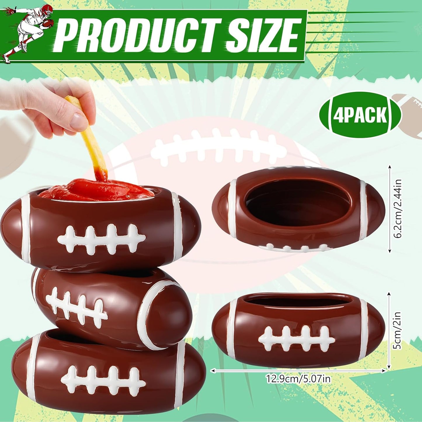 Layhit 4 Pcs Football chip Bowl Football Party Ceramic Condiment Server Chip and Dip Bowls Serving Dishes for Birthday, Tailgate Party Decorations