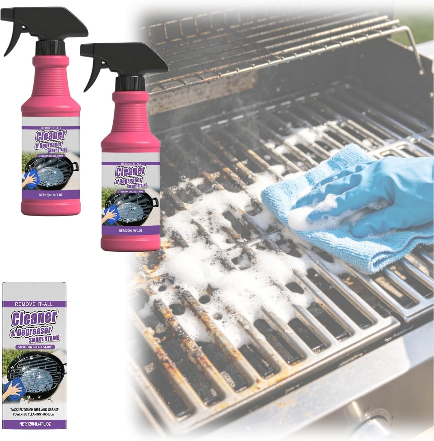 Fast-Acting Heavy-Duty Grill Degreaser Spray,Outdoor 120 ML BBQ Grill Cleaner,Multi Functional Grease Remover for Kitchen Grates and Racks,Stove Top,Drip Pans (2)
