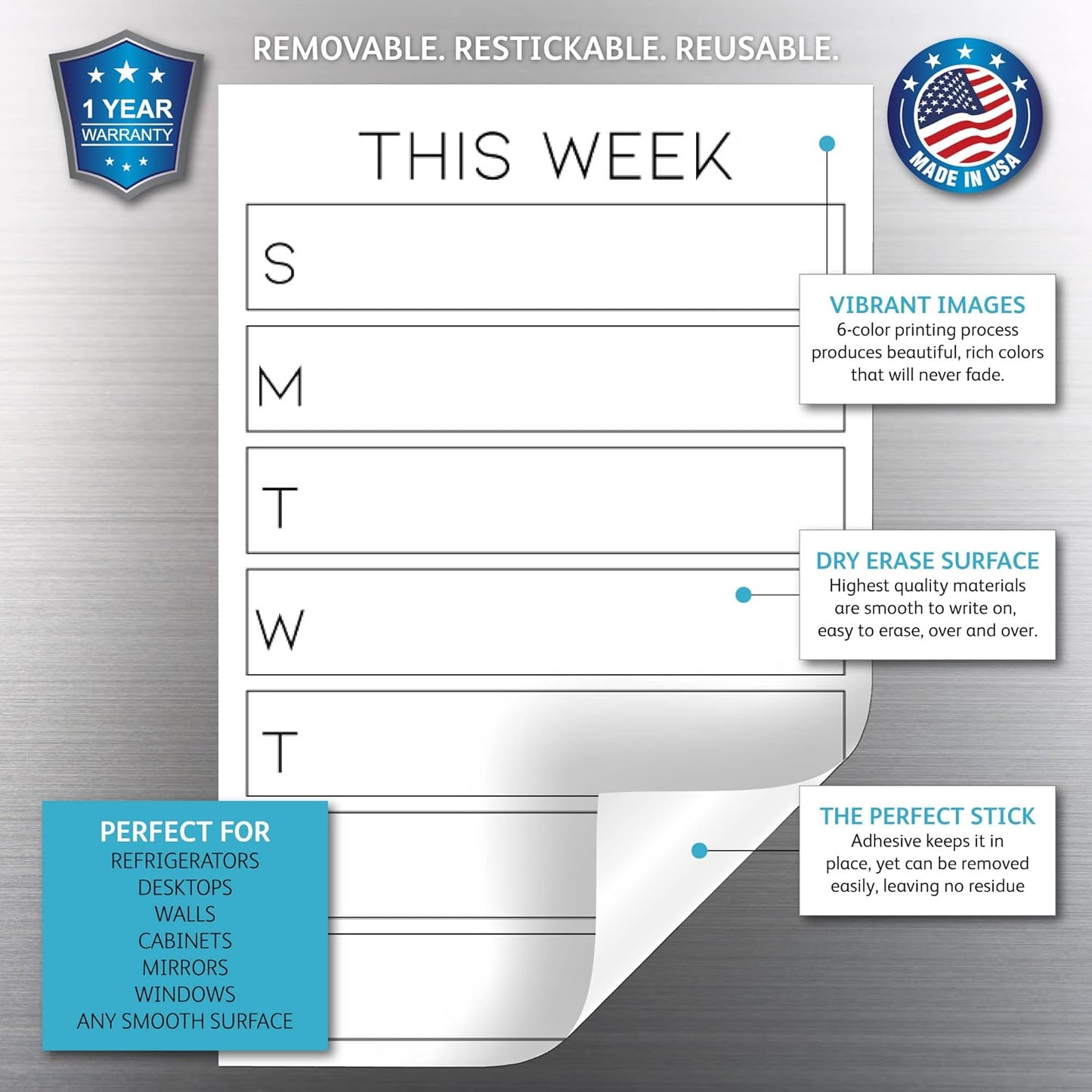 Dry Erase Weekly Calendar Planner Sticker Decal | Removable & Reusable | Magnetic Fine-Tip Marker Included (6 x 9 inches, White)