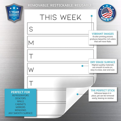 Dry Erase Weekly Calendar Planner Sticker Decal | Removable & Reusable | Magnetic Fine-Tip Marker Included (6 x 9 inches, White)