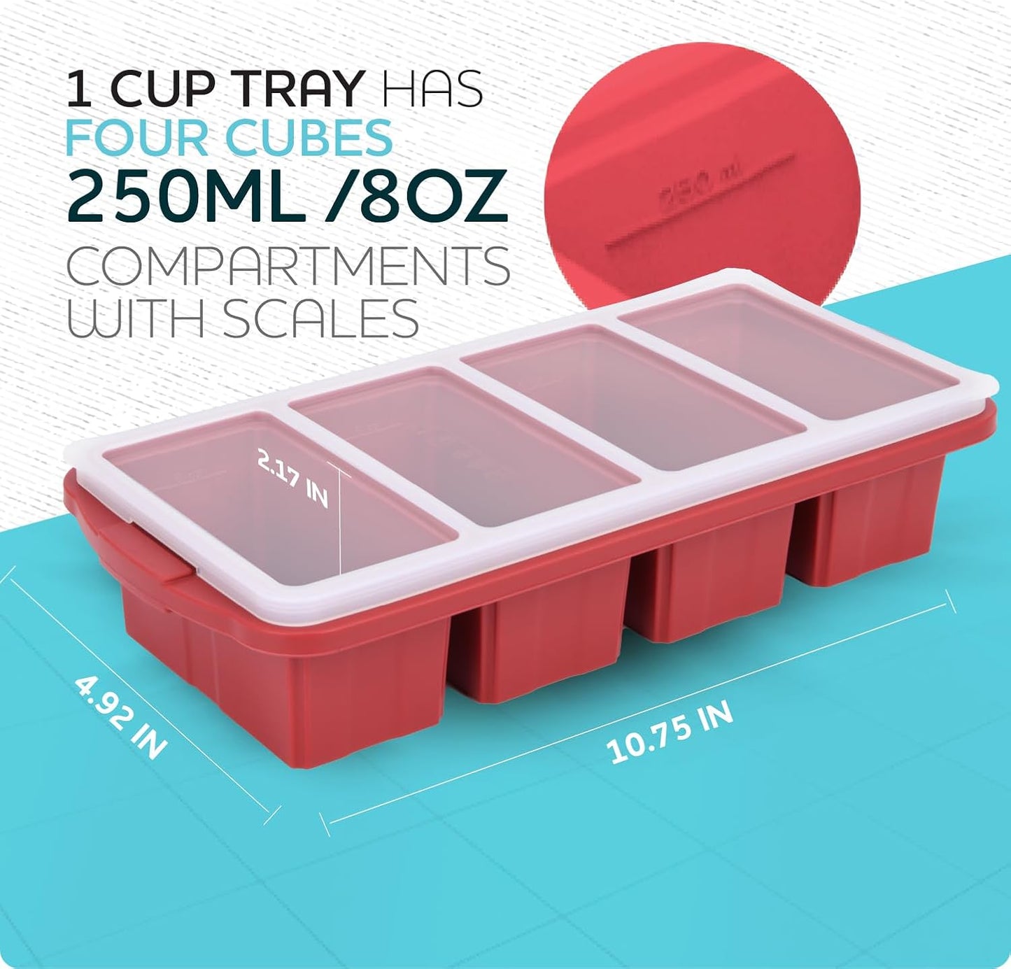 XOMOO Silicone Freezer Tray With Lid-Soup Freezer Container molds-2-cup Extra Large Ice Cube Tray-makes 4 perfect 500ml portions cubes, For freezing soup,stews,sauces.Oven&Dishwasher-Safe(2-Pack)