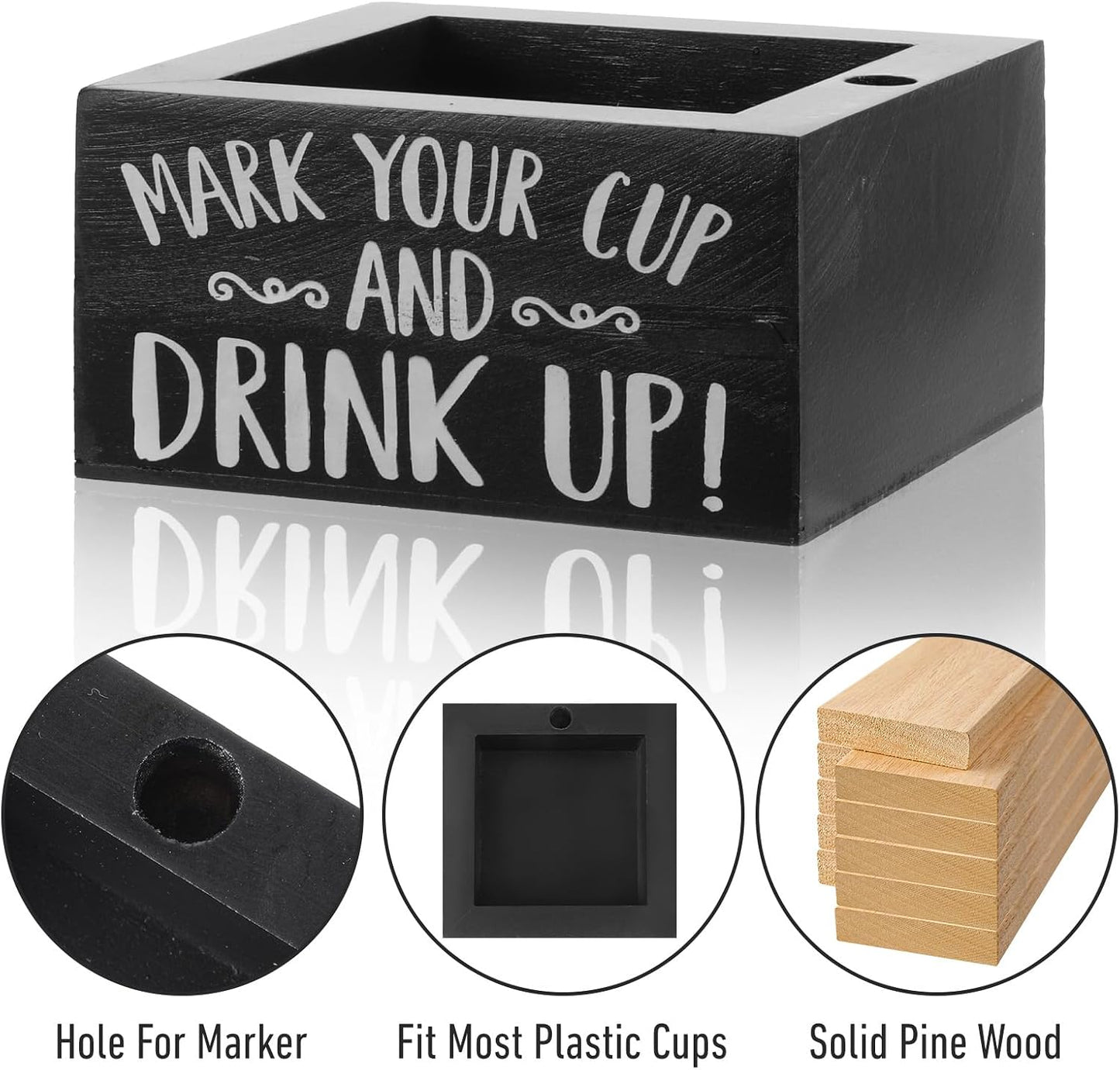 Party Cup Holder with Marker Slot - Wooden Mark Your Cups & Cup Dispenser for Parties, Farmhouse Decor, Home & Bar (Black, 5.7"x5.7"x2.95")