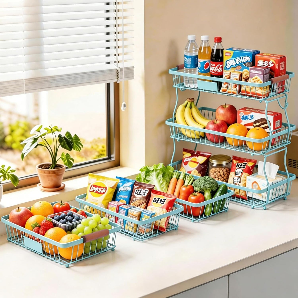 2-Tier Stackable Wire Basket with 2 Banana Hooks, Pantry Organizer for Kitchen Countertops, Cabinets & Under-Sink Spaces; Ideal for Storing Snacks, Fruits, Veggies, Onions, Potatoes, & More,Black