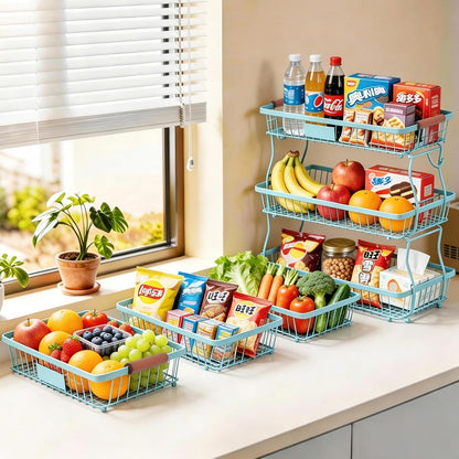 2-Tier Stackable Wire Basket with 2 Banana Hooks, Pantry Organizer for Kitchen Countertops, Cabinets & Under-Sink Spaces; Ideal for Storing Snacks, Fruits, Veggies, Onions, Potatoes, & More,Black