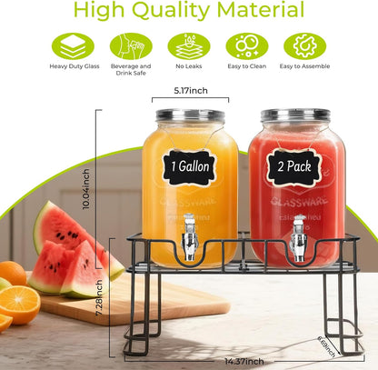 DHSBTLS 2 Gallon Glass Drink Dispensers, 1 Pack Clear Beverage Dispenser for Party, BBQ and Picnic, Juice Dispenser with Ice Core, Black Stand, Spigot, Markers and Chalkboard