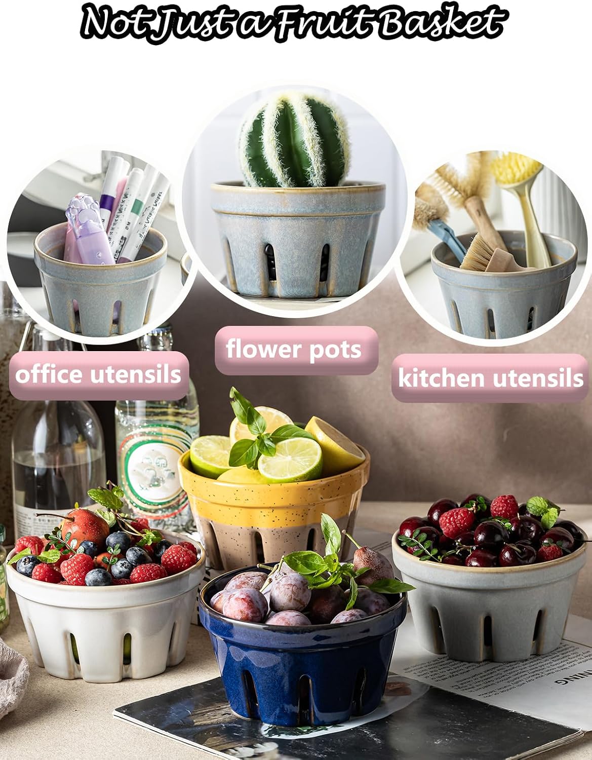 Gomakren Berry Bowls with Holes Ceramic, Berry Washing Bowl Basket Set of 2, 5.8 Inch Round Fruit Bowl Storage Containers, Strawberry Baskets, Farmhouse Kitchen Decor, Yellow + Brown