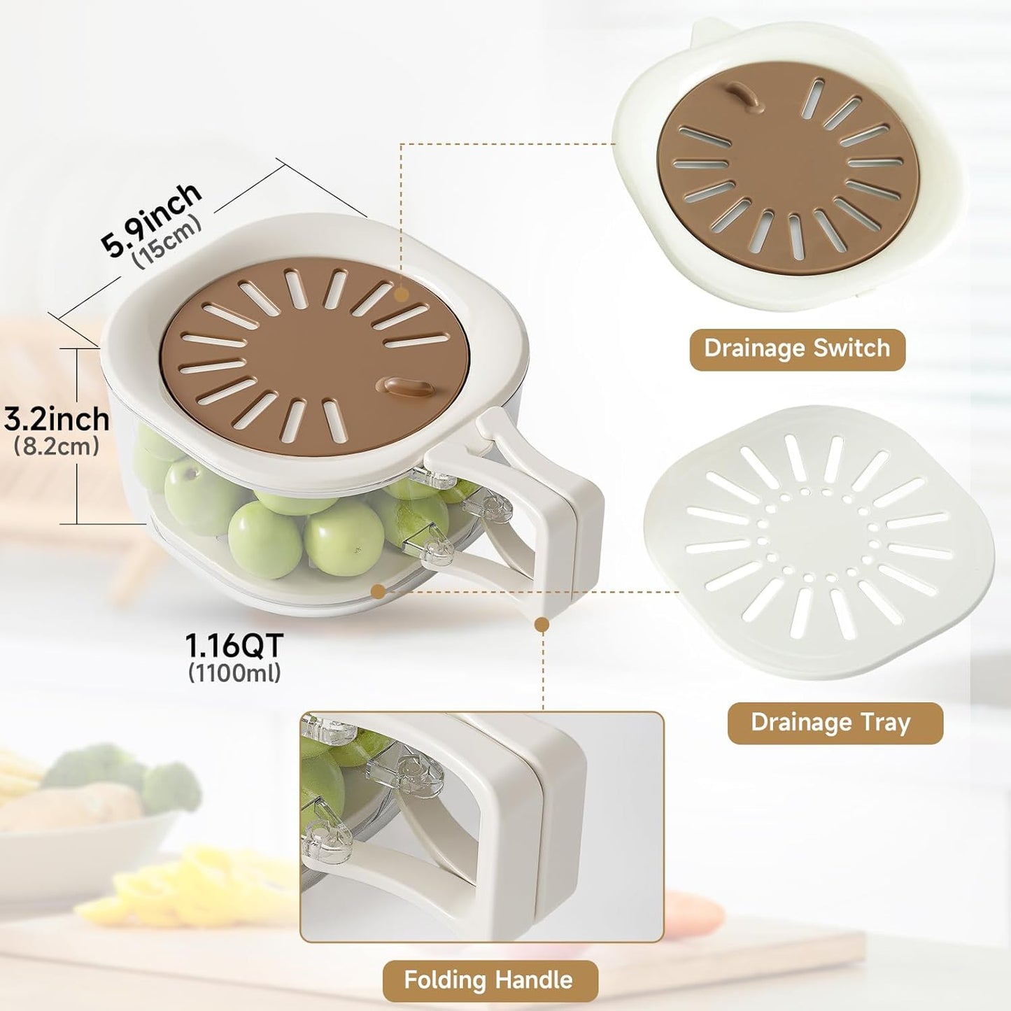 Fruit Vegetable Washing Bowl with Strainer, Multifunctional Produce Washer, Berry Container, Lettuce Keeper for Fridge Refrigerator Organization, Portable Strainers and Colander for Kitchen