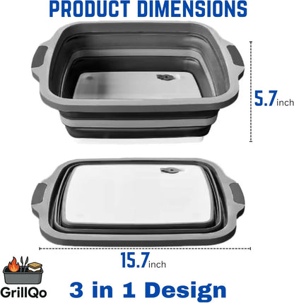 BBQ Prep Tub with 2 Pcs Meat Shredder Claws, 3-IN-1 Large 8L Collapsible Cutting Board with Lid for Meal Prep, Camping Sink for marinating food, Dish Basin, Grilling, Outdoor Cooking