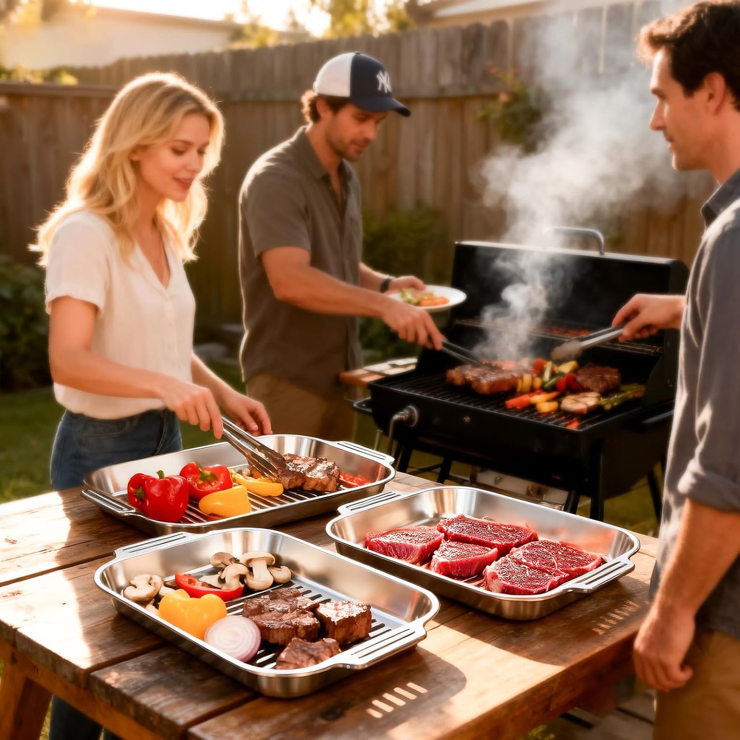 Grilling Prep and Serve Trays, 5-in-1 Grill Carry System Stainless Steel Food Prep Tray Set with Lid for BBQ, Marinating, and Serving