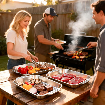 Grilling Prep and Serve Trays, 5-in-1 Grill Carry System Stainless Steel Food Prep Tray Set with Lid for BBQ, Marinating, and Serving