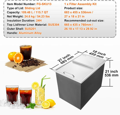 Happybuy Drop in Ice Chest 18L x 12W x 14.5H Inch Stainless Steel Ice Cooler with Sliding Cover Drop in Ice Bin Included Drain-Pipe and Drain Plug for Cold Wine Beer