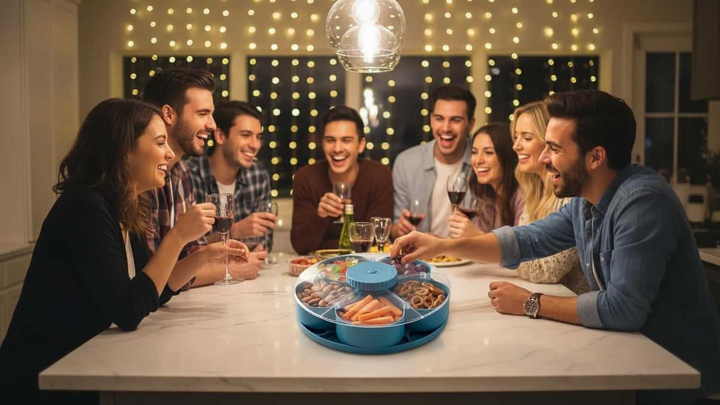 Rotating Divided Serving Tray with Lid - 5 Compartments Lazy Susan Snack Organizer, BPA-Free Spin Tray for Snacks, Dips, Veggies, Fruits | Perfect for Parties, Kitchen, Travel & Picnic (Blue)