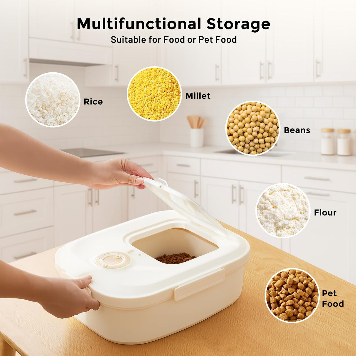 ZOMISIA 40-50lbs Dog Food Storage Container, Large Capacity Collapsible Airtight Pet Food Storage Containers with Rolling Wheels, Transparent Lid, Scoop and Date Track, Brown