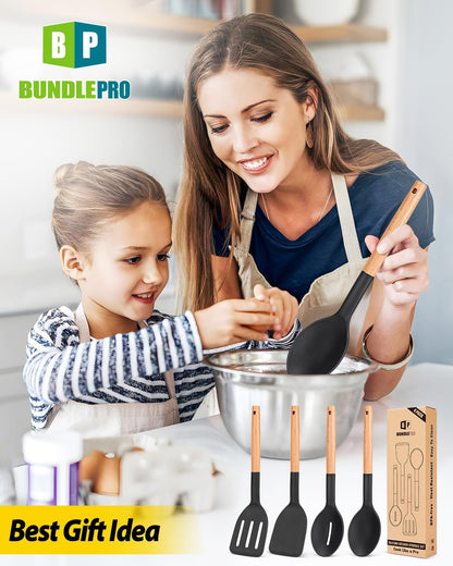 Pack of 4 Silicone Cooking Utensils Set, Non Stick Solid Spatulas and Heat Resistant Slotted Spoons with Wooden Handle, Ideal Wood Kitchen Utensils Set for Frying,Serving,Turning,Stirring (KHAKI)