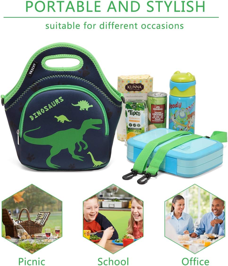 VASCHY Lunch Bag for Kids, Insulated Neoprene Lightweight Lunch Box Bag for Children Boys and Girls School Daycare Kindergarten Dinosaur