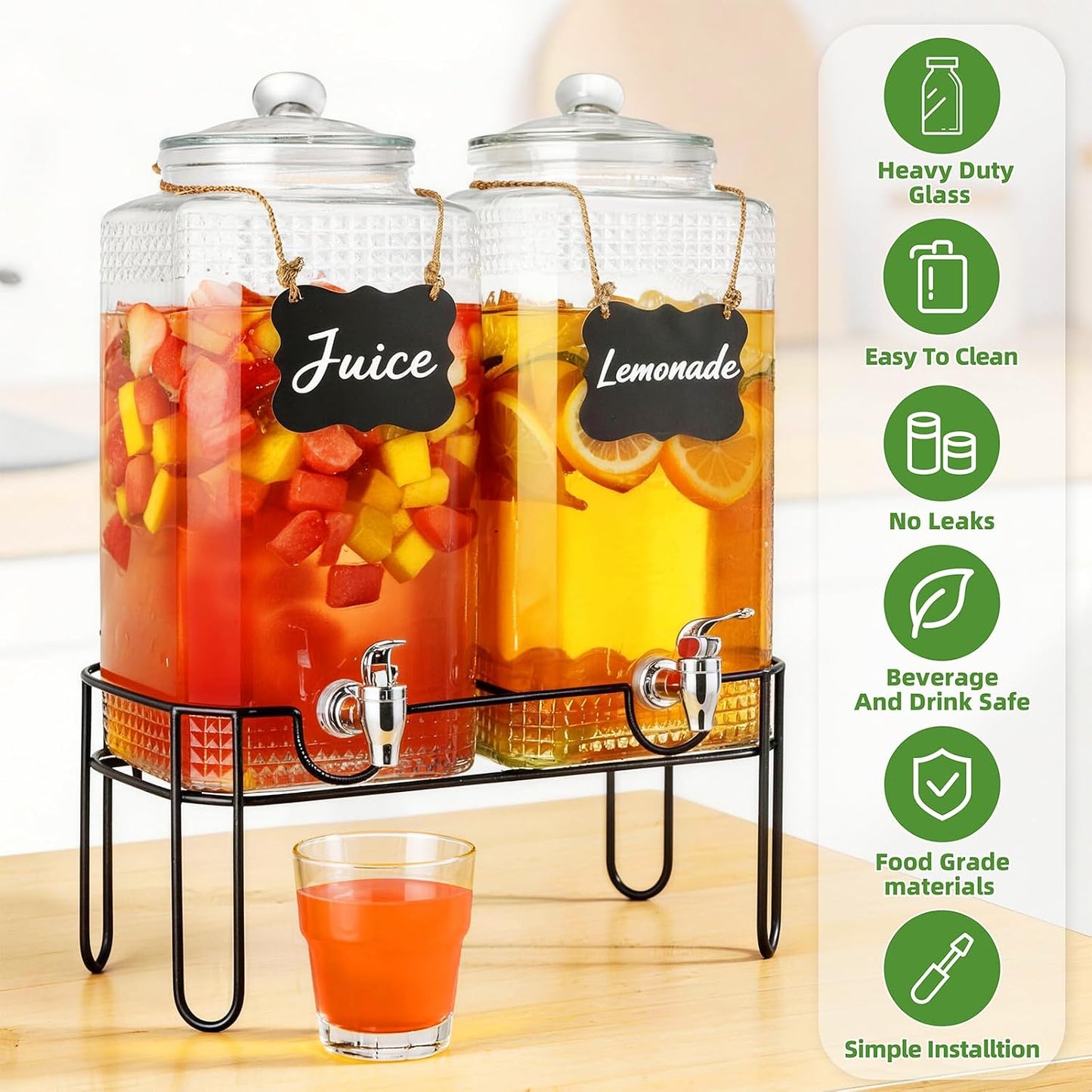 2 Gallon Glass Drink Dispensers For Parties，Lemonade Beverage Dispenser With Stand And Spigot For BBQ, Picnic, Party,Laundry Detergent Dispenser