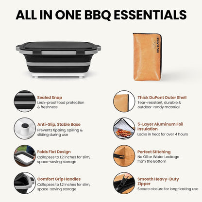 BBQ Prep Tub with BBQ Blanket, 16L Multifunctional Camping Cutting Board with Locking Lid, Reusable Meat Resting Bag for Smoking, Collapsible Dish Basin for Marinating Food (Large 16L)