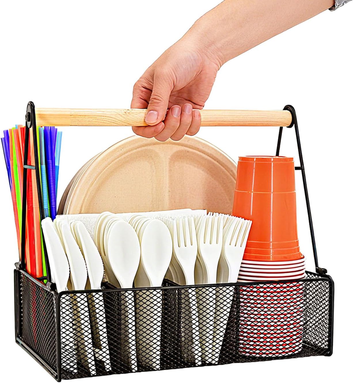 Metal Silverware Caddy for Countertop – 7 Compartment Paper Plate and Utensil Organizer with Side Handles – Cutlery Holder for Party, Buffet, Picnic, or Kitchen Table