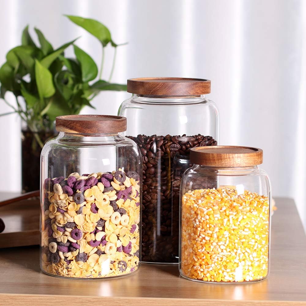 Large Glass Jar with Airtight Lid Set of 2 93 FL OZ(2750ml) glass canister set, Glass Food Containers Wooden Lid Suit for Kitchen Pantry for Flour, Tea, Coffee Beans, Sugar, Cookies(8.8 inch high)