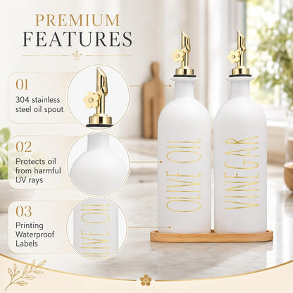 HOMCDALY Premium Olive Oil Dispenser for Kitchen, 11.8oz Glass Oil Bottles with Bamboo Tray, White Oil&Vinegar Cruet Set, Kitchen Dispenser Bottles with Pourer| Set of 2 (11.8oz –P–White)