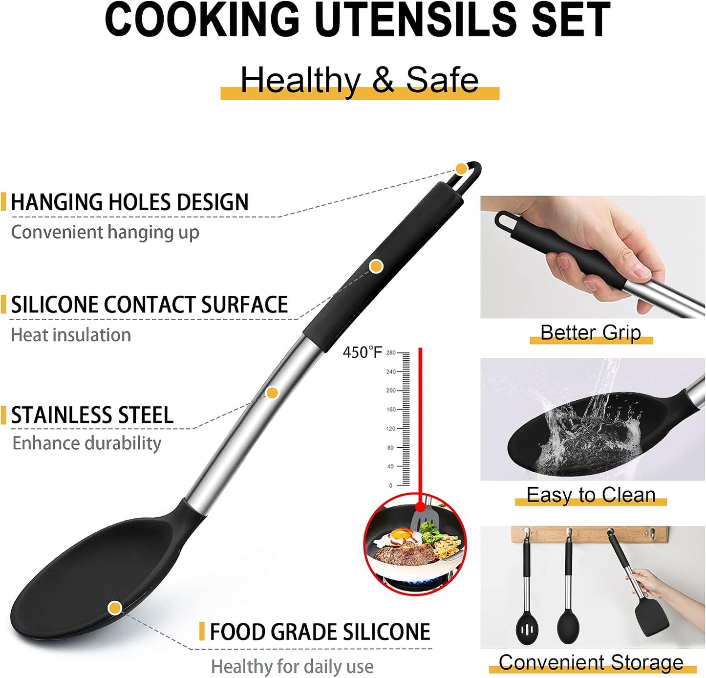 E-far Silicone Cooking Utensils Set, 7 Pcs Heat Resistant Kitchen Utensils with Stainless Steel Handle, Slotted Turner, Spoon, Soup Ladle, Pasta Server, Skimmer, Tongs for Nonstick Cookware, Black
