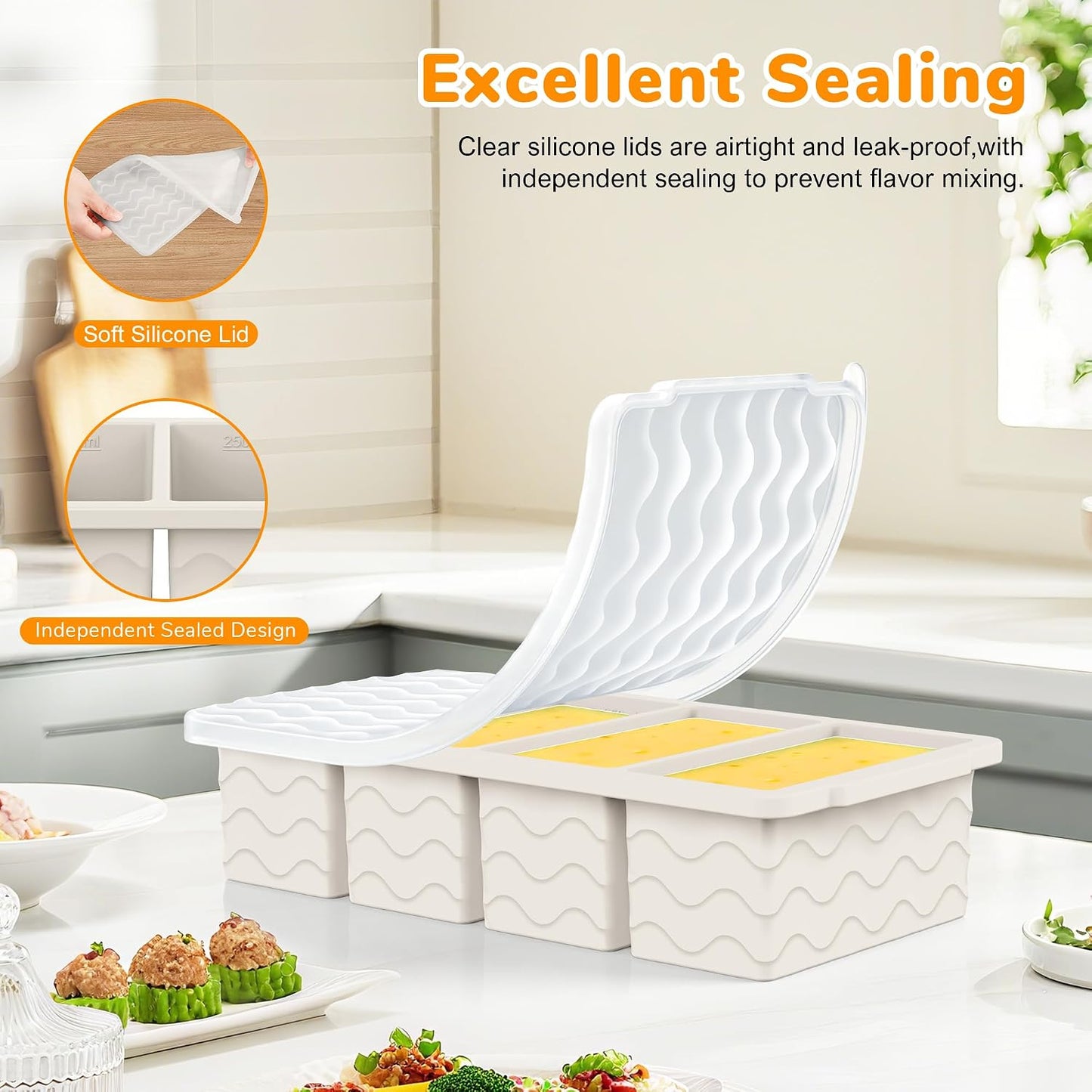 Silicone Freezer Trays with Lid (4-Pack), 1-Cup, 2-Cup, 1/2-Cup & 2-Tbsp Silicone Freezer Molds, Stackable Soup Freezer Meal Prep Containers,Ice Cube Tray for Making Sauce,Smoothies,Yogurt Bites