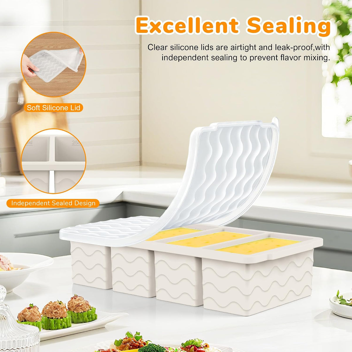 Silicone Freezer Trays with Lid (4-Pack), 1-Cup, 2-Cup, 1/2-Cup & 2-Tbsp Silicone Freezer Molds, Stackable Soup Freezer Meal Prep Containers,Ice Cube Tray for Making Sauce,Smoothies,Yogurt Bites