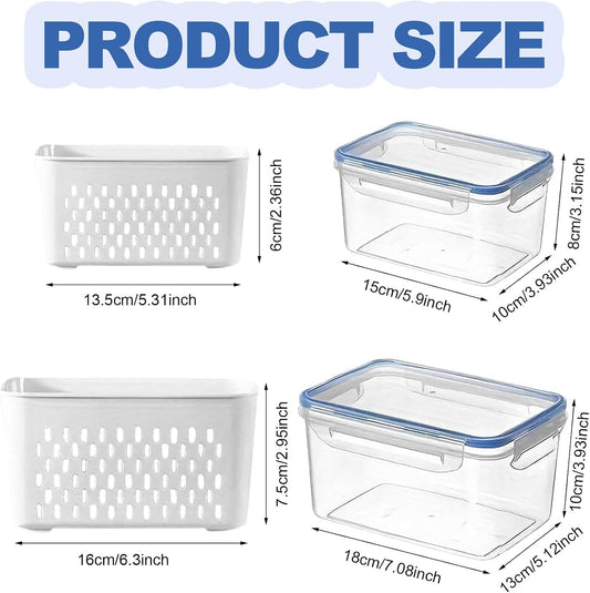 2 PCS Fruit Storage Containers for Fridge with Removable Colander, Leakproof Airtight Food Saver, Plastic Storage Organizer for Berry, Vegetable, Meat