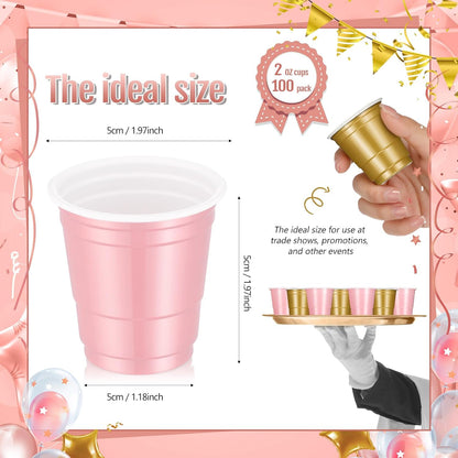 Roshtia 100 Pack 2 oz Plastic Shot Cups, Mini Disposable Shot Glasses 2 oz Wedding Party Cups for Bridal Shower Wedding Party, Beer Taste Serving, Snacks(Black, Gold)