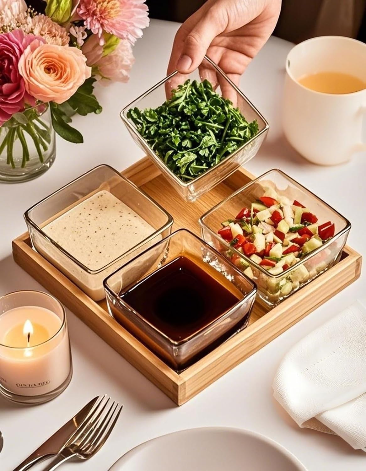 Snackle Box Container Chip and Dip Bowls With Serving Tray, 3 Glass Square Sauce Cups Dip Bowls, Small Fruit Platter Side Dishes for Party Entertaining Appetizer Dessert Salsa Side Dishes(THREE)