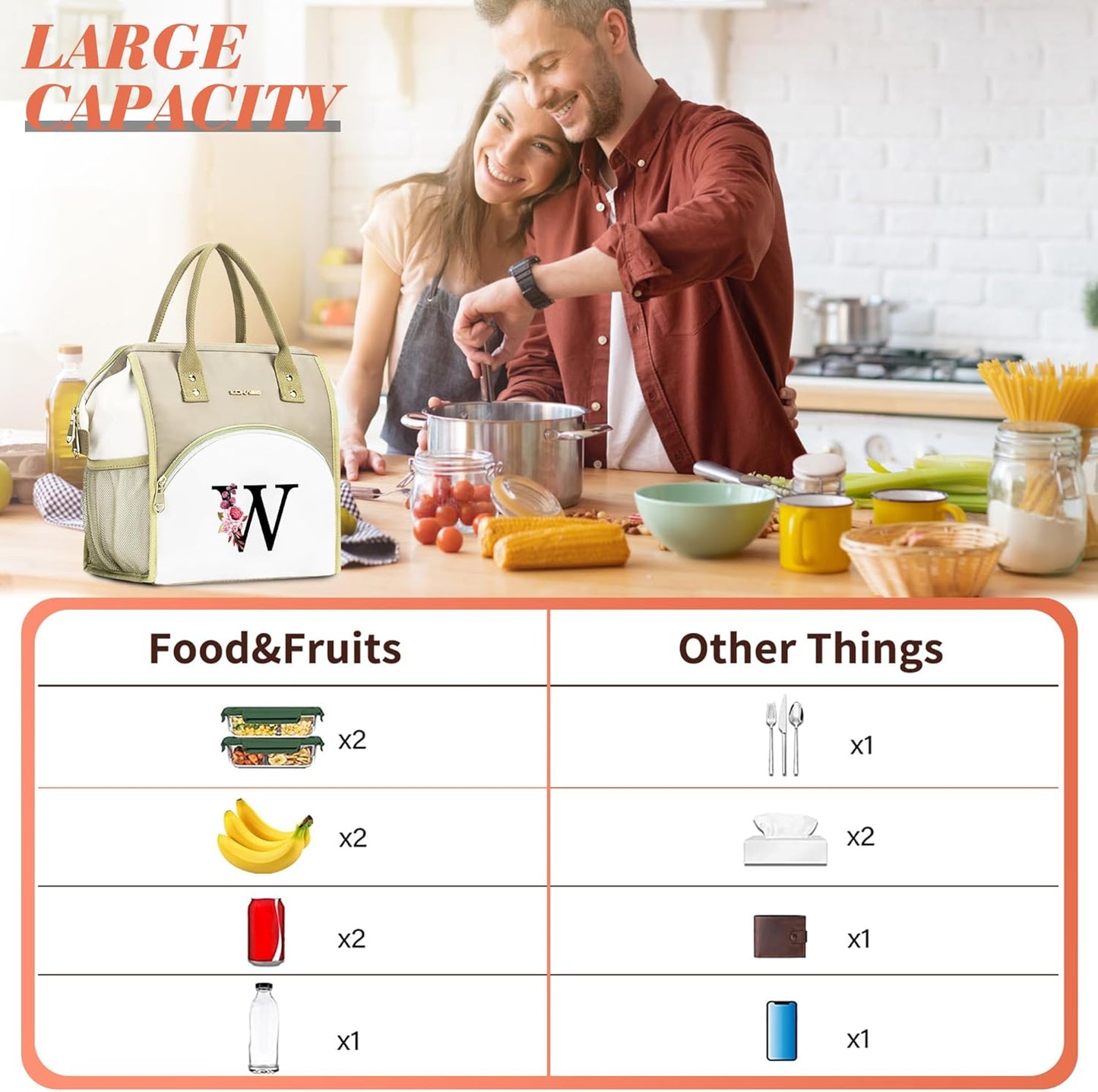 Initial Lunch Bag Women, Cooler Insulated Lunch Bag for Girls, Large Adult Leakproof Lunch Box for Picnic Work, Personalized Tote Bag, Birthday Gifts/Mothers Day Gifts, Letter K.